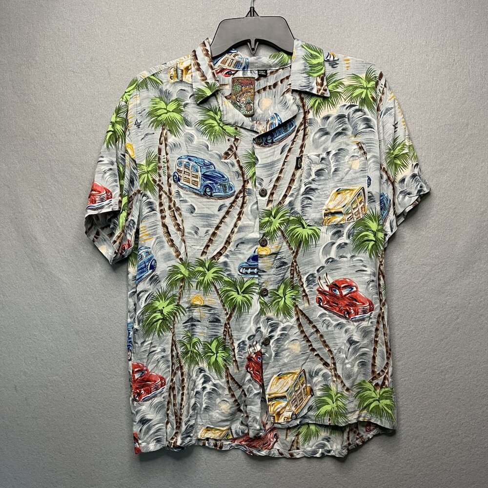 Vintage Pineapple Connection Hawaiian Shirt S Tropical Cars & Palm Trees Print